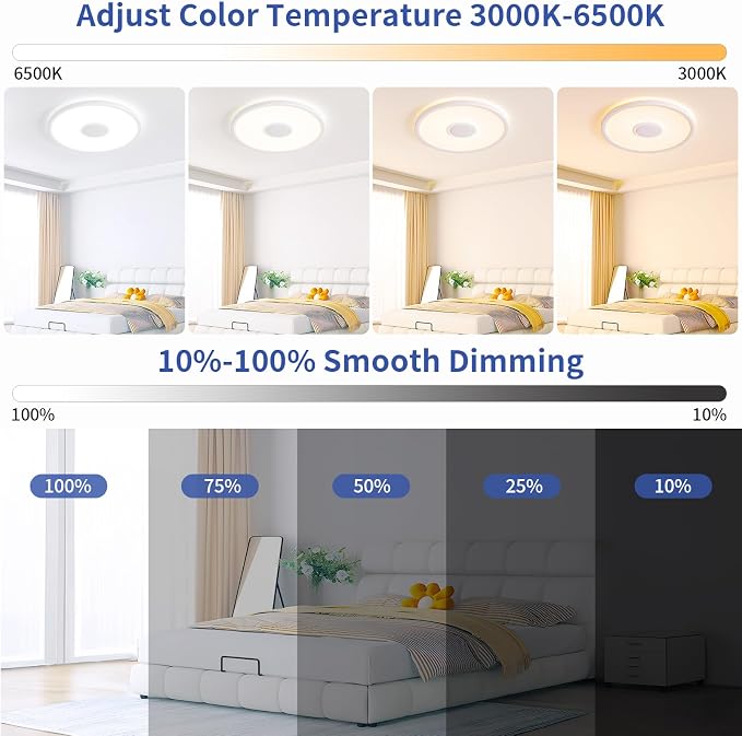 RGB LED Ceiling Light, with Bluetooth Speaker, 24W 11Inch Smart Music Ceiling Lamp with App and Remote Control, 3000K-6500K Color Changing Lights Fixture for Child Bedroom Bathroom, White