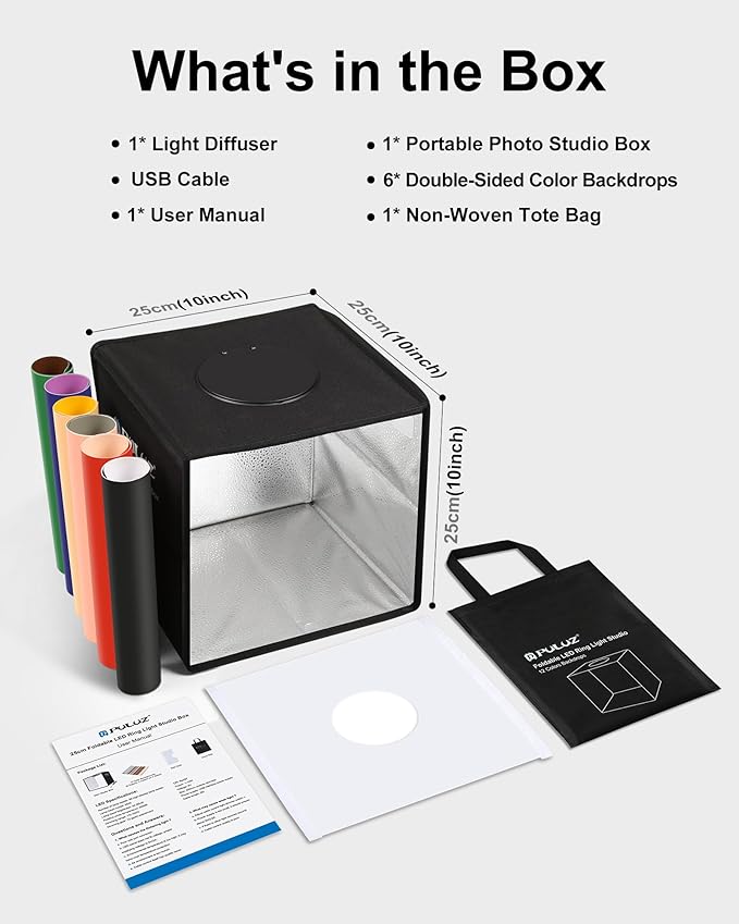 PULUZ Mini Photo Studio Light Box, Photo Shooting Tent kit, Portable Folding Photography Light Tent with CRI >95 104pcs LED Light & 6 Kinds Double-Sided Color Backgrounds for Small Size Products