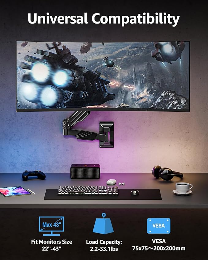 MOUNTUP Monitor Wall Mount for 22-43 Inch Curved Screens, Holds 2.2 to 33.1 lbs, Ultrawide Computer Monitor Wall Mount, Heavy Duty Wall Monitors Arm, 75x75 mm to 200x200 mm Vesa Mounts