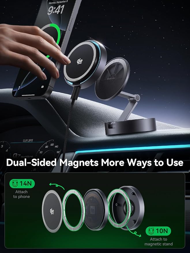 THREEKEY Qi2 25W Certified Magnetic Car Mount Charger Lite with Cooling Fan&LED Light, 360° Rotating Fast Wireless Charger & Phone Holder for iPhone 17-12, Galaxy S25-S26 | 30W Adapter Included
