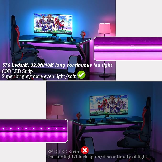 24V RGB COB Led Strip Light 32.8FT/10M, 5760Leds,10mm Width, Flexible Led Tape Light, Smart Led Strip Light Color Changing, Music Sync, Led Strip Lights for Room Decor, TV Backlights
