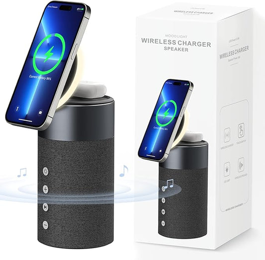 COLSUR Bluetooth Speaker, Magnetic Wireless Charger, Bluetooth Speakers with Night Light, 2 in 1 Wireless Charging Station for iPhone 17/16/15/14/13/12 Series, AirPods Pro 2/4/3/2（Gift Ideal）(Black)
