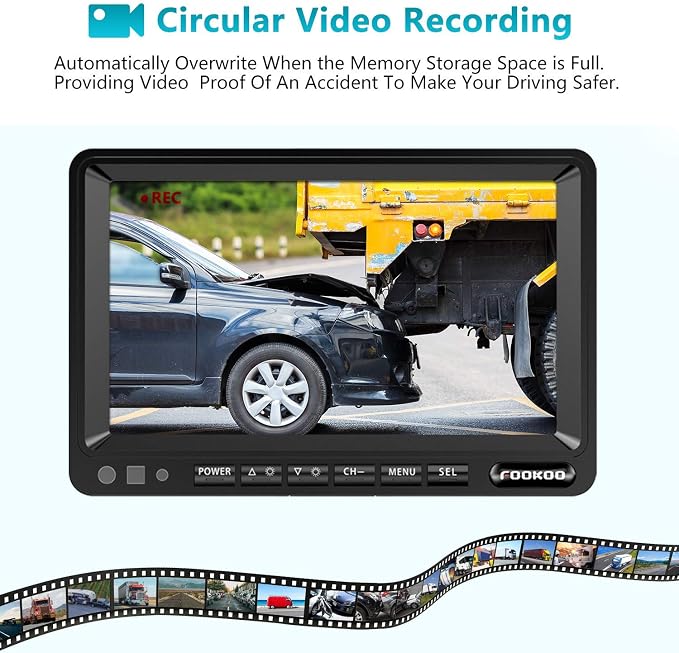 Fookoo HD 1080P 7" Wired Backup Camera System, 7-inch Quad Split Screen Monitor W/Recording, IP69 Waterproof Side & Rear View Cameras, Parking Lines for Truck/Trailer/RV/Tractor/ 5th Wheel (DY703)