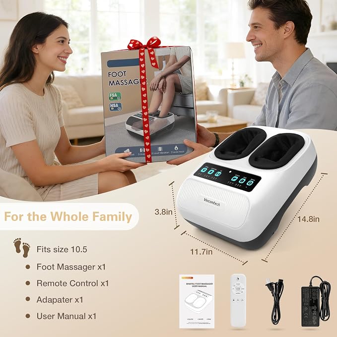 veicomtech Foot Massager with Heat, Electric Foot Massager Machine for Plantar Fasciitis Neuropathy with Remote Control, Adjustable Vibration and Compression(White)