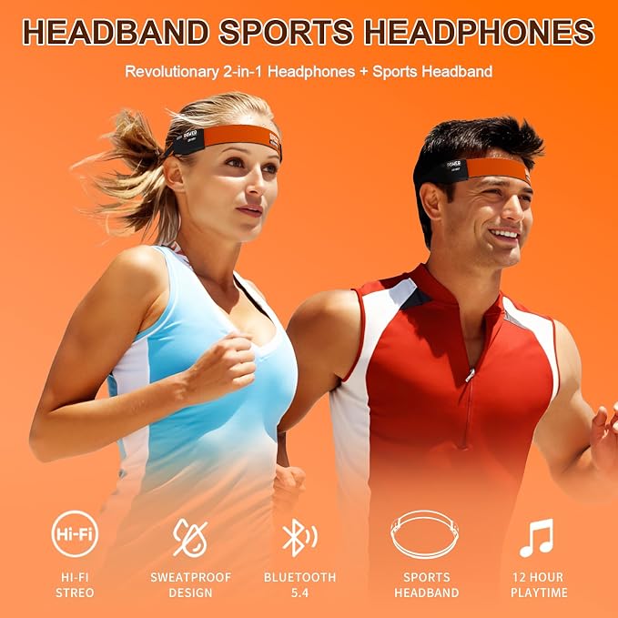 Sport Headphones Bluetooth 5.4 with Sweat Resistant Headband, Sleep Headband Headphone with HD Ultra-Thin Stereo Speakers, Comfortable Fit Wireless Headset with Headlamp for Cycling, Running, Fitness