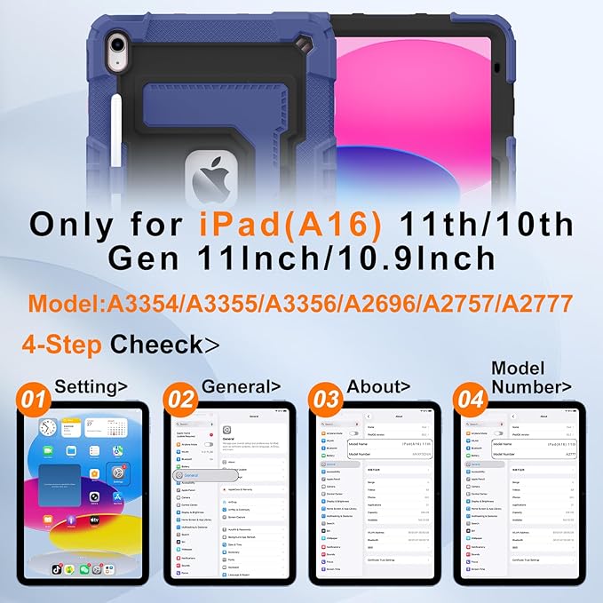 Case for iPad A16 11th/10th Generation 11/10.9 Inch 2025/2022, Ubearkk for iPad a16 case Military Grade Fully-Body Rugged Shockproof Cases with Large Kickstand Pen Holder Shoulder Strap, Navy Black