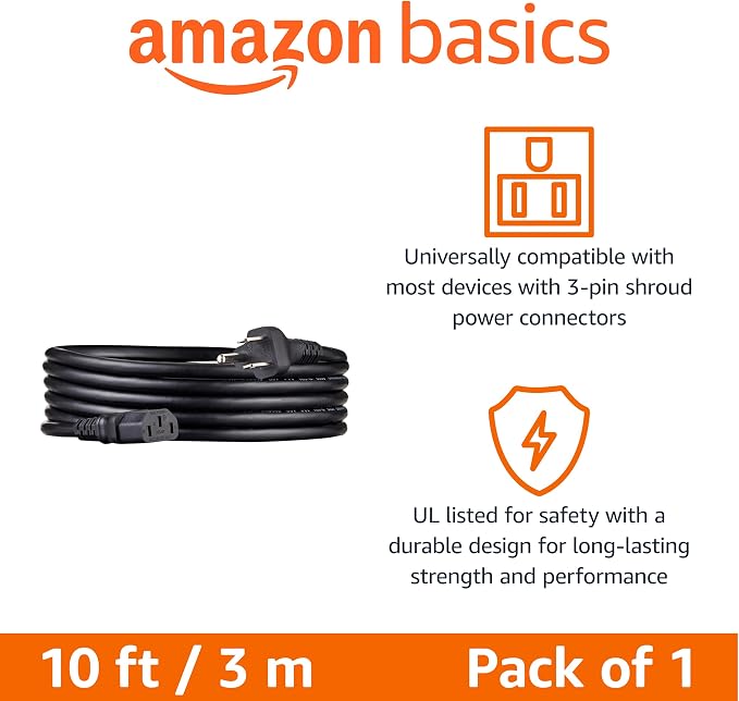 Amazon Basics Replacement Power Cord for Computer, Monitor, TV, Printer, PC, 3 Prong, 18 AWG, 125 Volts, 10 Feet, Black (Pack of 2)