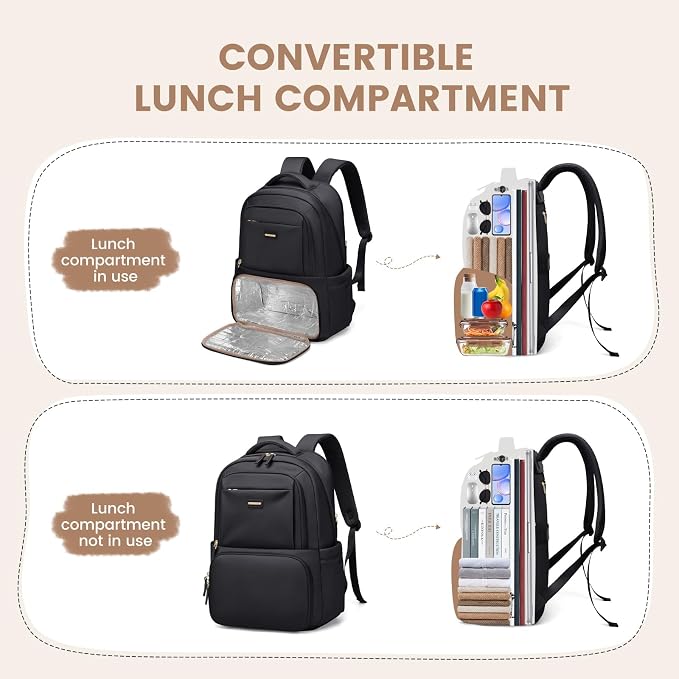 GOLF SUPAGS Lunch Backpack 16 Inch Laptop Backpack with Insulated Cooler Lunch Box Food Bag for College Work Camping Picnics (Black)