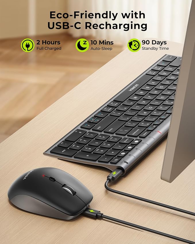seenda Wireless Bluetooth Keyboard Mouse Combo, COE401 Rechargeable Silent Keyboard Mouse Compact Slim, 3 Multi-Device Connection, Compatible for Windows/Mac PC Laptop MacBook iPad, Black Gray