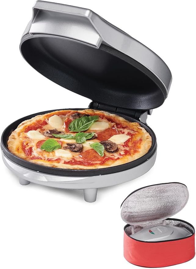 Betty Crocker 8" Travel Pizza Maker Plus, Indoor Electric Grill With Insulated Travel Bag, Nonstick Pan for Pizzas, Quesadillas, Nachos and more, Pizza Machine for Delicious Meals and Snacks, Silver