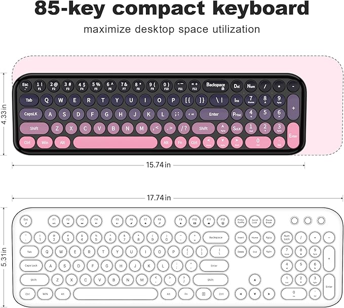 MOFII Wireless Keyboard and Mouse Combo, Compact Typewriter Retro Round Computer Keyboard and Mouse Set, Plug and Play, for Windows, Computer, Desktop, PC, Notebook - (Plum Pink Gradient)