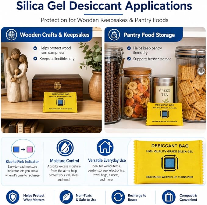 Silica Gel Packets 12 Packets - CARGEN Moisture Absorber, Rechargeable Desiccant Packs, Desiccant Packs for Storage,Reusable & Color Change,100g