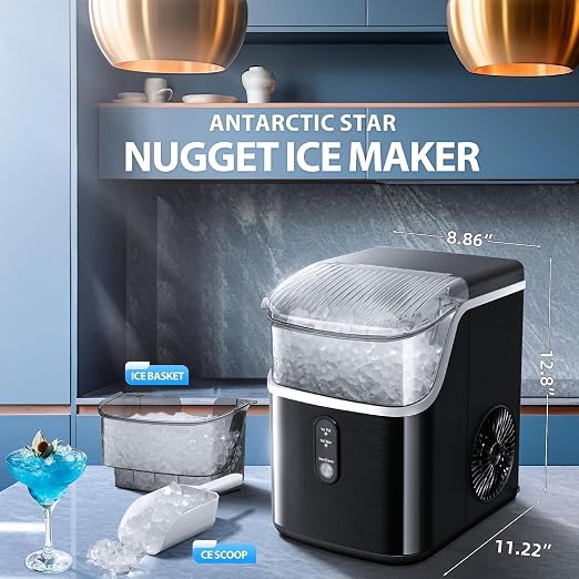 Antarctic Star Nugget Ice Maker Countertop, Chewable Nugget Ice Machine with Automatic Cleaning, Fast Ice Making 34Lbs/24H, One Click Operation for Party/Home/Bar/RV(Black)
