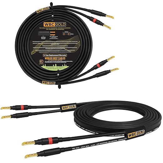 WORLDS BEST CABLES 8 Foot WBC-GOLD-LOCAP-SPKR-12 AWG - Low-Capacitance - Low-Inductance - High Purity OFC - Audiophile HiFi Speaker Cable Pair with Eminence Gold Banana Plugs