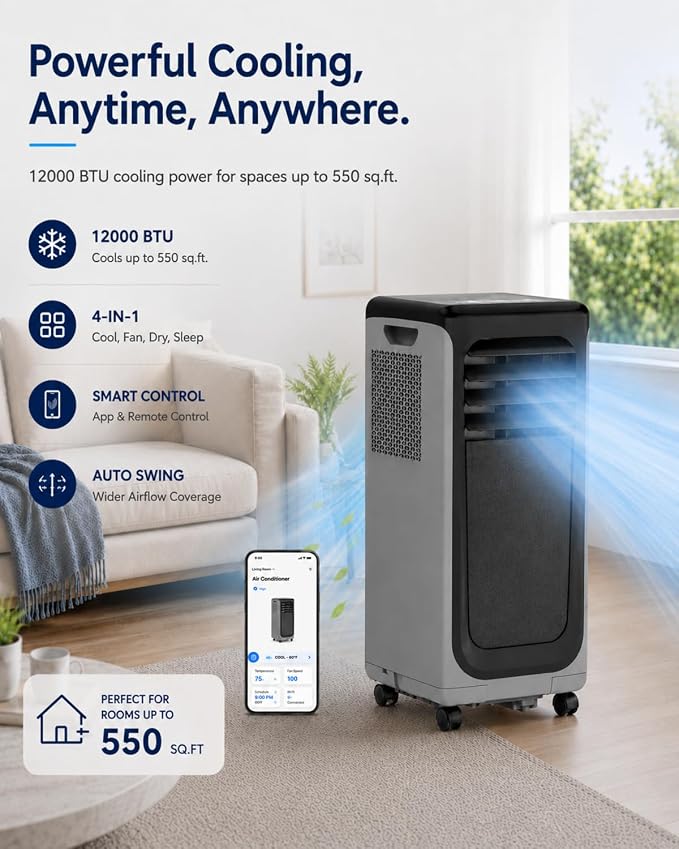 Coolblus Portable Air Conditioners 12000 BTU, Wi-Fi Smart Portable AC Unit for Room Up to 550 Sq.Ft, 3 in 1 Quiet AC with Cool/Dehumidify/Fan, Window Kit, Black-12000BTU-WIFI