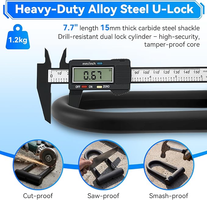 Bike U Lock with 113dB Alarm System, Heavy Duty Bike Lock with 4ft Security Cable & 17mm Shackle Bicycle Lock Mounting Bracket 3 Keys, IP65 Waterproof Anti-Theft U Lock for Electric Bikes, Scooter