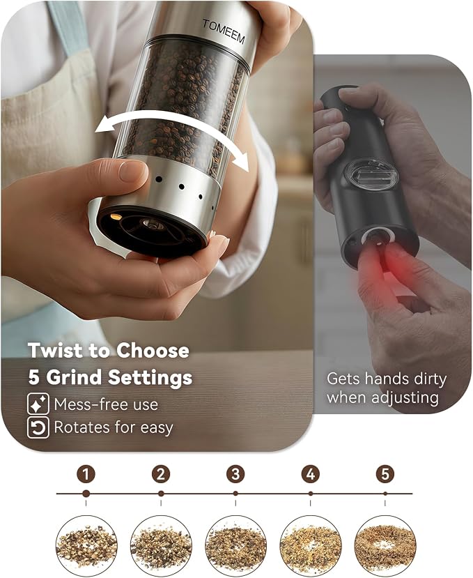 TOMEEM Rechargeable Electric Salt and Pepper Grinder Set, 115ml Large Capacity Stainless Steel Automatic Pepper Mill with Storage Base, LED Display and Light, 5 Adjustable Grind Settings