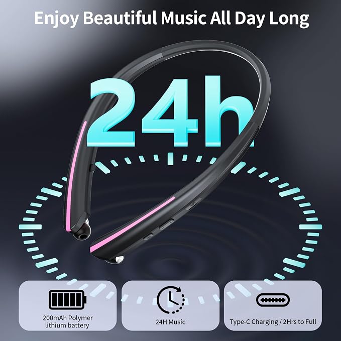 Neckband Retractable Bluetooth Headphones, Wireless Headset with 22H Playtime, Sweat-Resistant Sports, Dual Device Connect, Noise Cancelling Earphones with Mic (Pink)