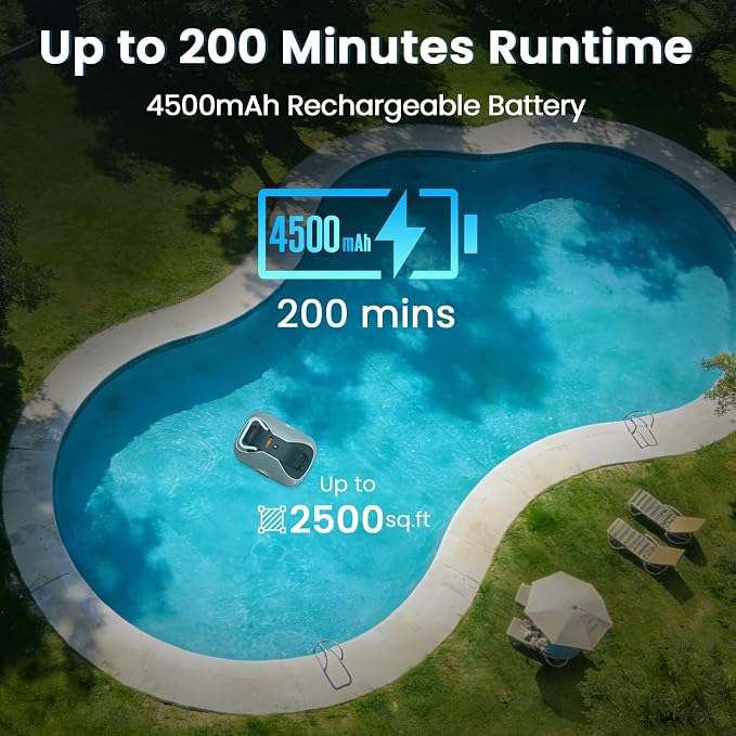 Robotic Pool Cleaner, Cordless Pool Vacuum for Above Ground & Inground Pools, 200mins Runtime Automatic Pool Vacuum Robot for Leaves & Dirt, Powerful Suction up to 2500 sq.ft, Self Parking-Orange