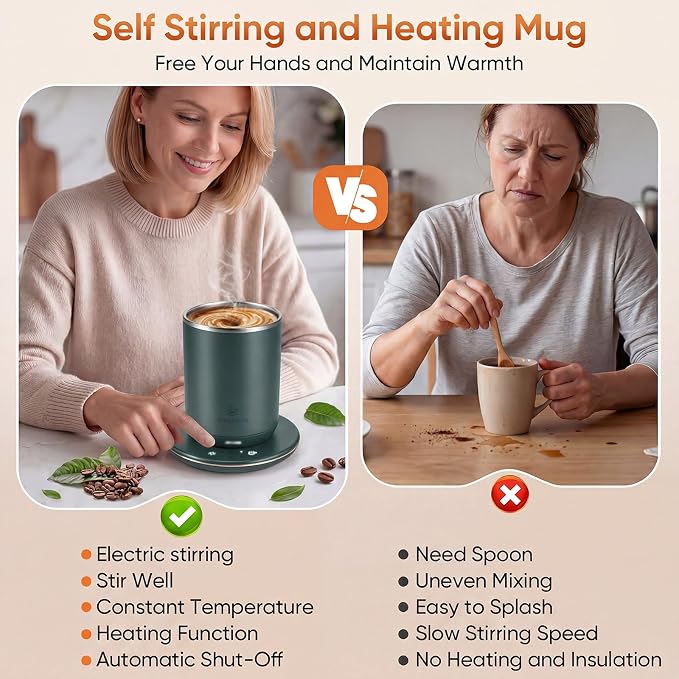 Self Stirring Coffee Mug, Self Heating Coffee Mug, Heated Cup with 3-Level Smart Temperature Control, Auto Shut-Off Electric Coffee Cup Warmer with Detachable Base, Gift for Family Friends (Green)