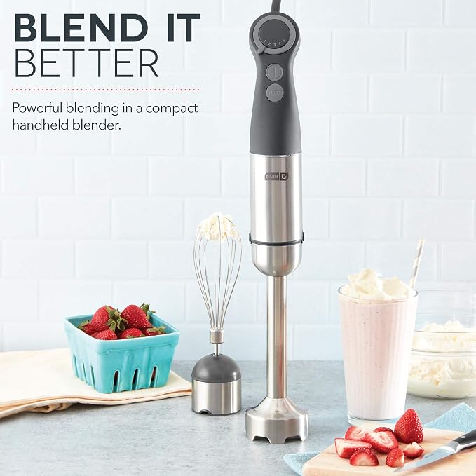 Dash Chef Series Immersion Hand Blender, 5 Speed, 330W Handheld Stick Blender with Whisk Attachment, Stainless Steel Blades for Soups, Sauces, Smoothies & Purées - Cool Grey