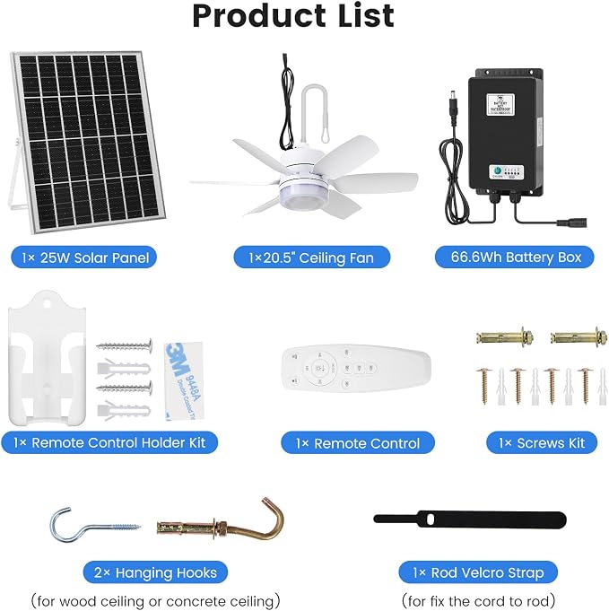 Fanspex 20.5'' Solar Rechargeable Ceiling Fan Light with Battery Backup, 25W Solar Powered Hanging Fans for Outdoor Gazebo, Chicken Coop, Greenhouse, Shed, Pet House
