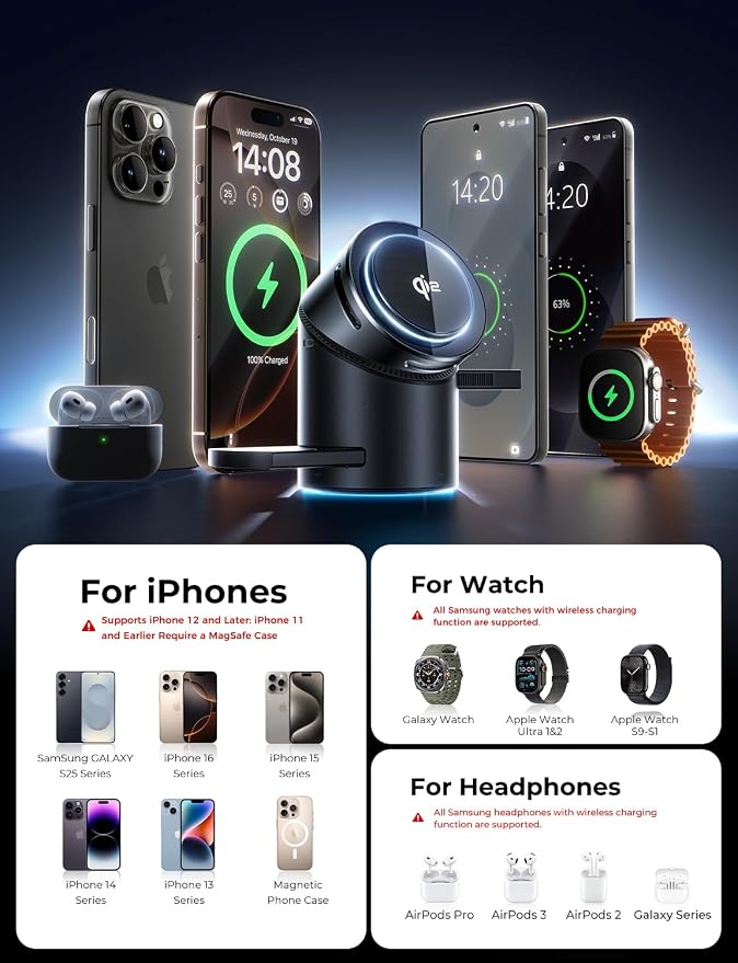MAGIC JOHN 3 in 1 Charging Station for Apple, Qi2 15W iPhone Wireless Charging Station, Magsafe Charger Stand for iPhone 17 Pro Max 16 15 14 13 12 - Apple Watch iWatch Ultra - AirPods 2/3/4/Pro