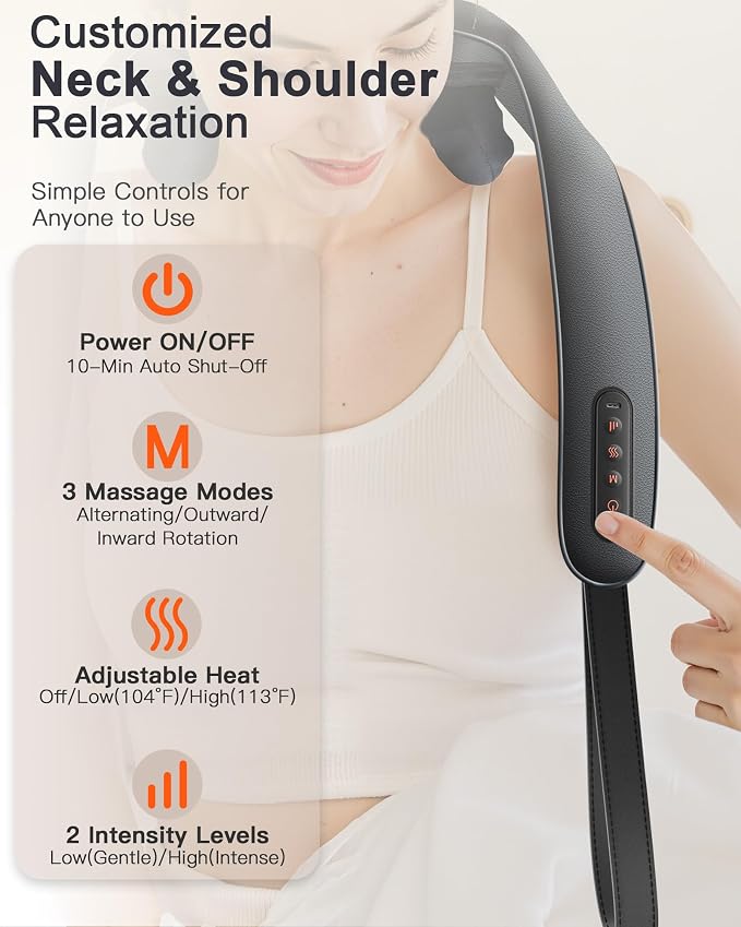 JZBRAIN Cordless Shiatsu Neck and Shoulder Massager with Heat & Kneading | 2000mAh Rechargeable Battery Hands-free 3 Modes 2 Intensity 2 Heat Levels Muscle Soreness Stiff Neck Fatigue Relief