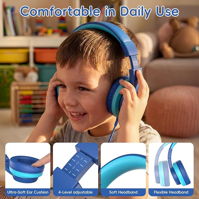 Candy Bila Wired Kids Headphones, USB Type C Headphones for Kids, 85dB Safe Volume, HD Stereo Sound,Comfortable Fit, Adjustable &Foldable, Ideal for Boys, Girls, School, Travel, iPad, Tablet,Bule