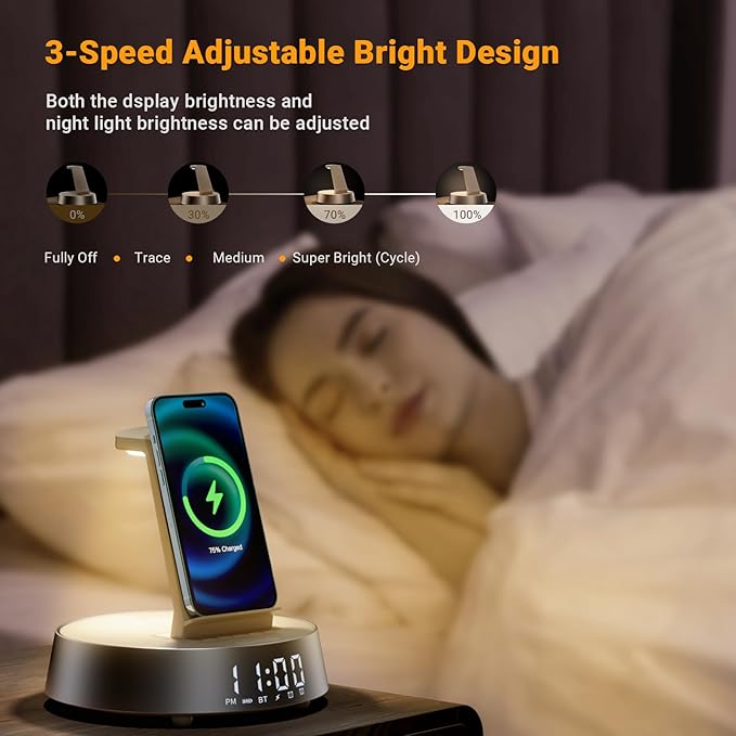 Alarm Clock with Wireless Charging Station, Clock for Bedroom with Night Light Bluetooth Speaker, Wireless Charger Dock Station for iPhone 17 16 15 14 13 12 Pro Max, Apple Watch 11, AirPods 3 (Beige)