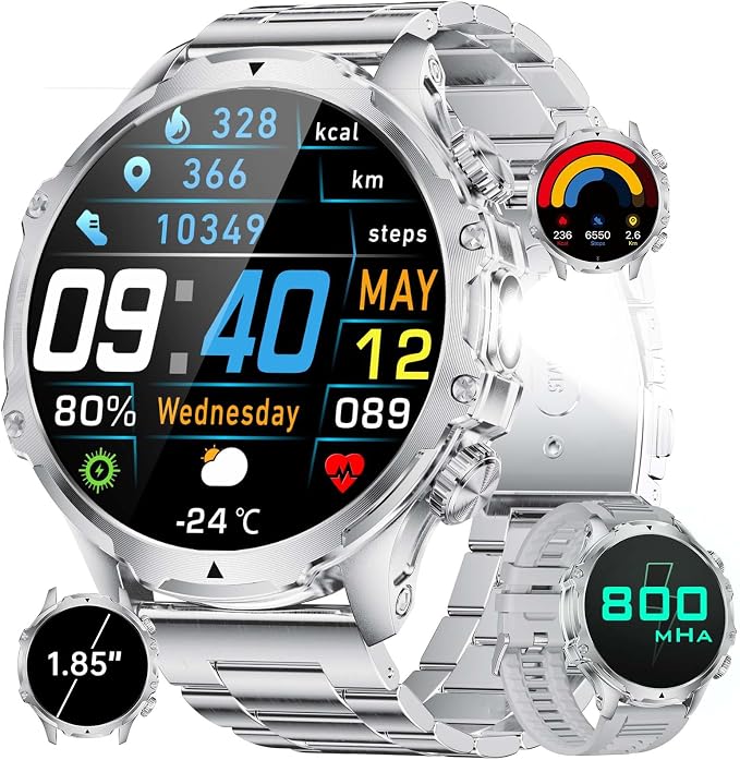 Military Smart Watch for Men, 1.85'' HD Large Screen Smartwatch, 800mAh/LED Flashlight/IP68 Waterproof/Pedometer/100+ Sports Fitness Tracker, Mens Smart Watches for Android iOS, Silvery