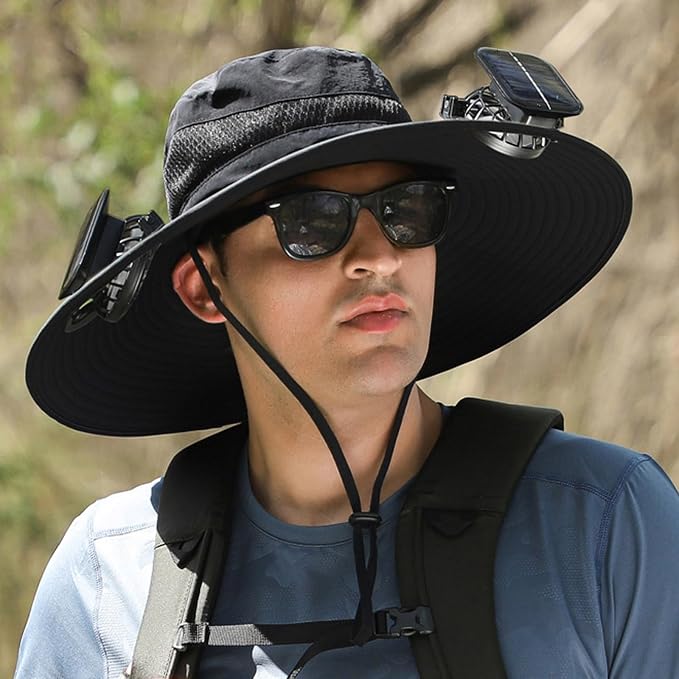 Solar Fan Hat,Wide Brim Solar Fan for Men Women, Mens Sun Hat with 2 Fan, Waterproof Outdoor Hiking Camping Fishing Hat Black