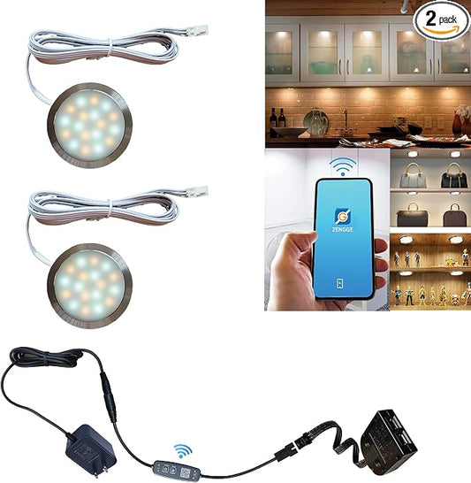 Smart LED Puck Lights, Dimmable Under Cabinet Lighting with Bluetooth App Control, Music Sync, Timer, DC 12V Adaptor (2Pack, Multi-White)