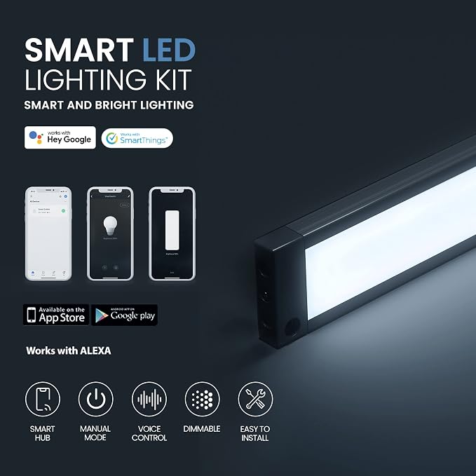 EShine 4 Pack 12 inch Black Smart Dimmable LED Under Cabinet Lighting Kit Compatible with Alexa, Google - Cool White (6000K)