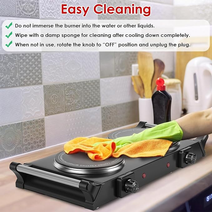 1800W Electric Double Burner, Portable Electric Stove, Hot Plate Countertop with Adjustable Temperature & Stay Cool Handles for RV Camping Home Dorm