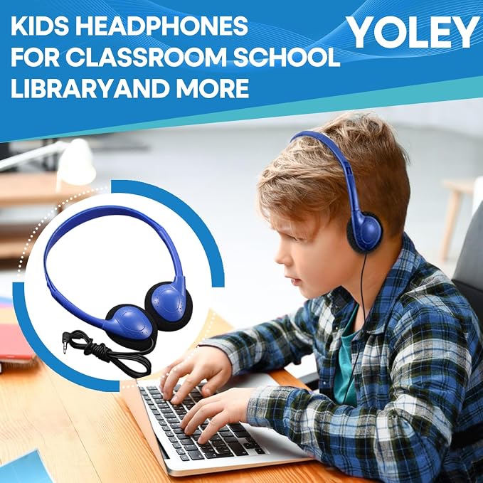 Classroom Headphones Bulk 50 Pack Class Set for School Students Kids and Adult -Sturdy Wired 3.5mm Plug (Blue, 50 Pack)