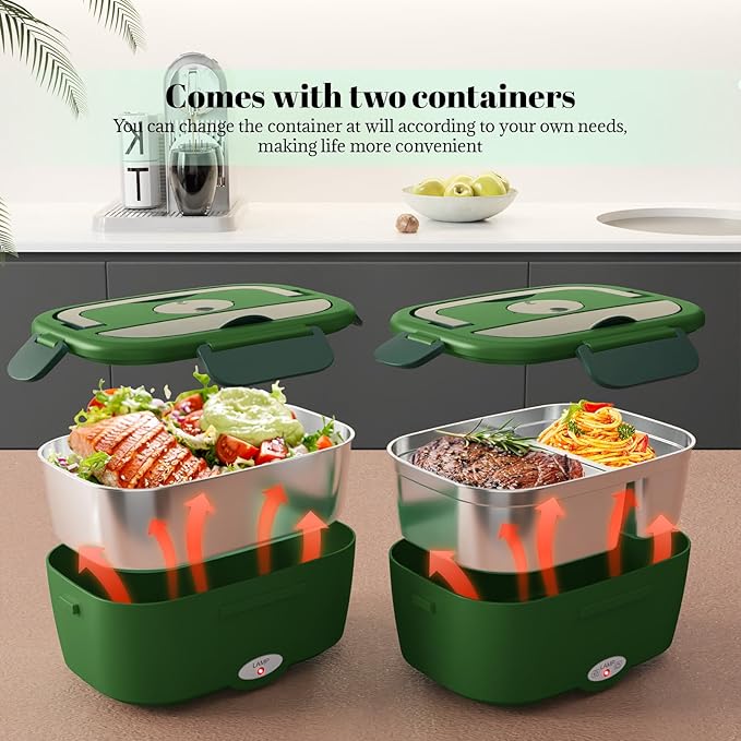 Sitlais Electric Lunch Box for Adults - Fast Heating Portable Food Warmer with 2 of 53oz 304 Stainless Steel Containers 12V/24V/110V Heated Lunch Box for Men&Women Work Office Truck Travel lonchera