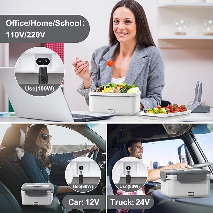 Herrfilk Electric Lunch Box Food Heater 100W, 4 in 1 Ultra Quick Heated Lunch Boxes for Adults 12V/24V/110V/220V Portable Food Warmer for Car/Truck/Office With Fork Spoon and Insulated Carry Bag