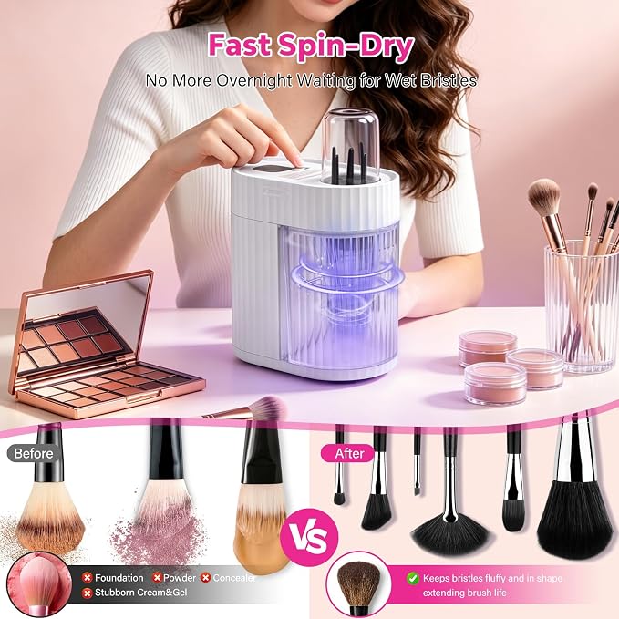 Electric Makeup Brush Cleaner Machine, 3-IN-1 Automatic Cleaning & Fast Drying, 1200RPM High-speed Spinning, Adjustable Timer, LED Display, 7 Slots for All Brush Sizes, USB Powered, Pure White