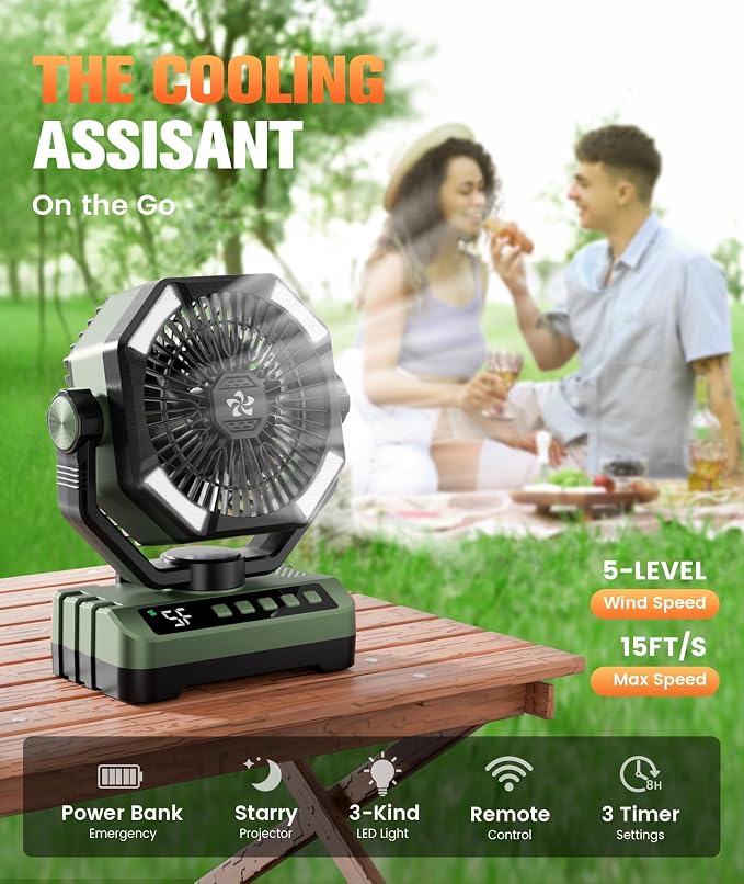 Camping Fan Battery Powered Fan - Rechargeable with Starlight, 20000mAh Battery Operated Outdoor 5 Speed Desk Fans with LED,Hook,Remote Control, Timer,Personal Fans for Tent, Power Outage, Fishing
