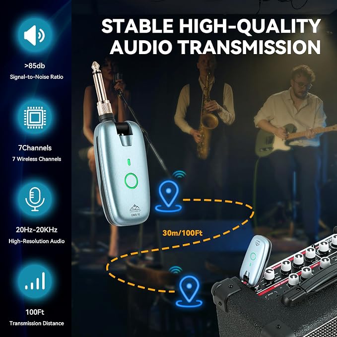 EASTROCK Wireless Guitar System, Guitar Transmitter & Receiver for Electric Guitar, Bass, Keyboard & More Instruments, 7-Channel Rechargeable, 6H Battery, 1/4” & 1/8” Plugs, Blue