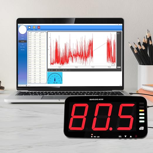 Decibel Meter Sound Level Meter with Data Logging, 13" Large LCD Display Wall Mounted Noise Meter for Classroom w/ 16.4ft Corded Sensor & Alarm Output for Studio Decibel Noise Measuring and Recording