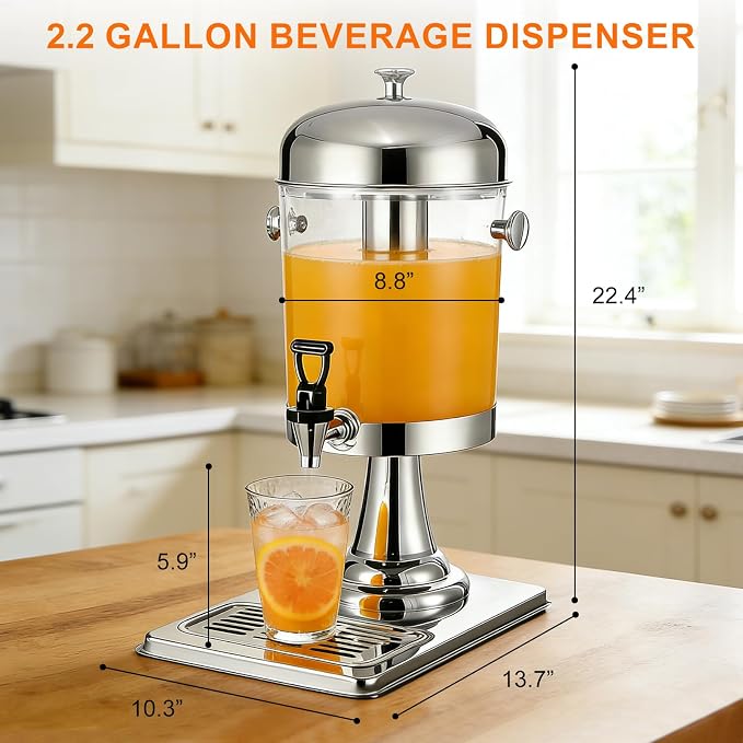 2.2 Gallon Iced Beverage Drink Dispenser, Stainless Steel Water Jar with Stand, Iced Beverage Drink Dispenser for Parties, Commercial Hot Cold Juice, Hot & Cold Drinks
