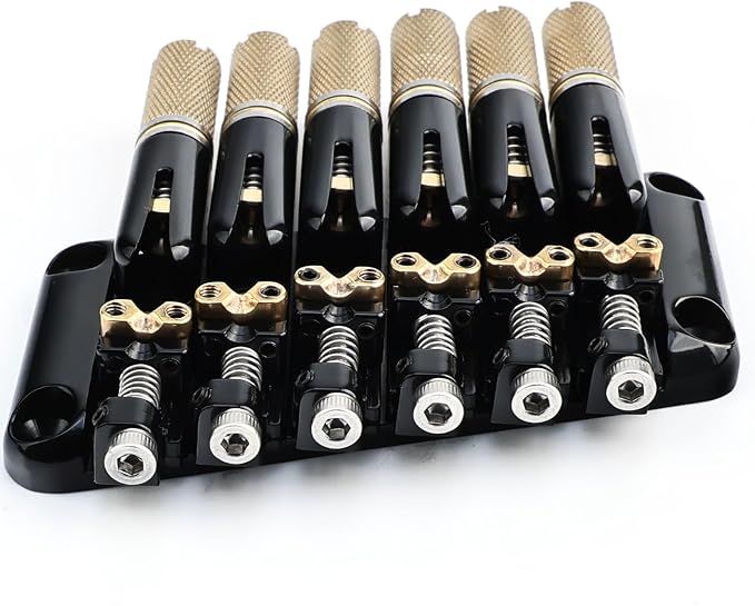 Fanned-fret 6 String Headless Guitar Bridge 10.5mm Headless Fixed Bridge -Brass Saddles Zinc Alloy Plate, Easy Installation/Adjustment, Fits Most 6-String Headless（Gold Tailpiece Nut）