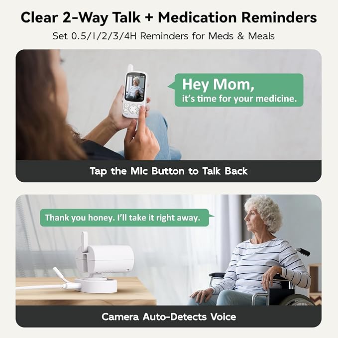 Elderly Monitor with Camera and Audio, 2-Way Talk Room Monitors for Elderly, Call Button, Med Reminder, Temp Monitoring, Night Vision, Pan-Tilt-Zoom Video Monitor for Elderly Care & Caregivers/No WiFi