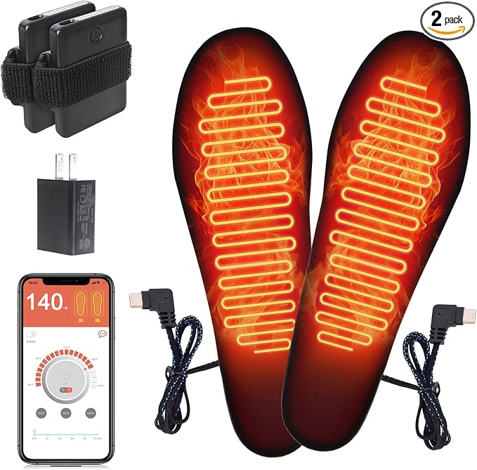 App-Controlled Heated Insoles for Men & Women, Rechargeable 5000mAh Battery, 4 Custom Heat Settings, Foot Warmers for Skiing, Hunting, Winter Work (L (8-12))