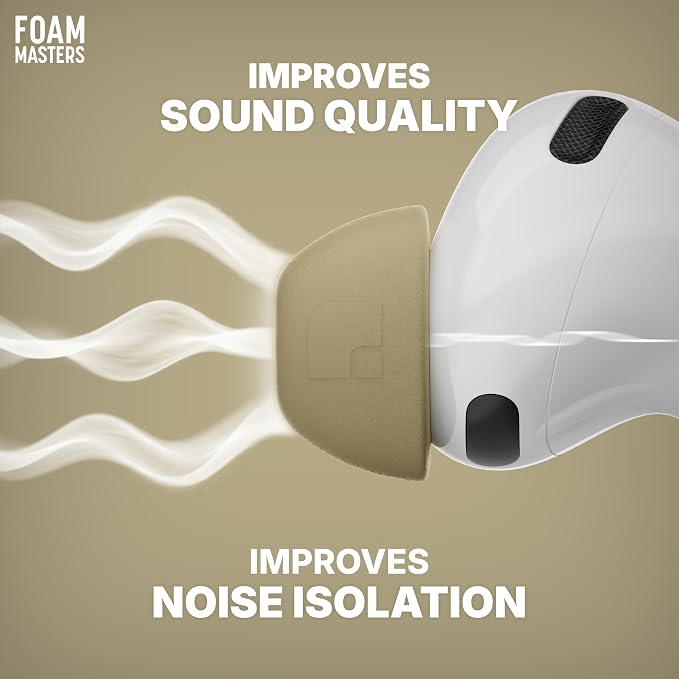 Foam Masters Ultra-Premium Memory Foam Ear Tips for AirPods Pro 1st & 2nd Gen | 3 Pairs | New Ver. | Secure Fit | Super Comfort | Better Noise Cancel | Replacement Buds (Small, FDE Tan)