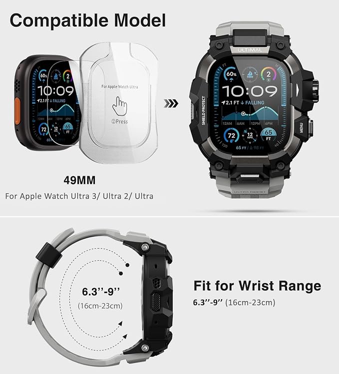 ULTIMAL Rugged Case with Band for Apple Watch 49mm,Compatible with Apple Watch Ultra 3/2/1, Military Grade Shockproof Bumper Cover for iWatch Tactical Band Men (49mm,Grey)