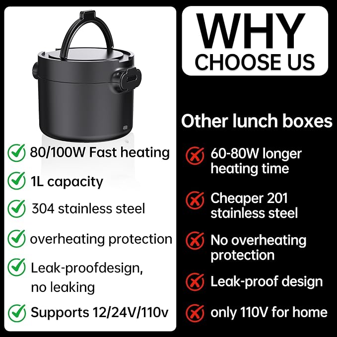 Electric Lunch Box Food Warmer, 34-Ounce Leakproof Portable Heated Lunch Container for Car, Truck, Office,Camping, 100W 12V/24V/110V/220V Bento Box Heater Gift For Women Men (Black)
