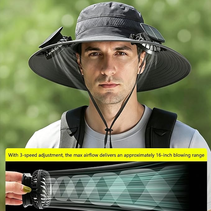 Solar Fan Hat Wide Brim Sun Hat with 3 Solar Fan, Outdoor Bucket Hats for Men Women UPF 50+ Fishing Beach Hiking Bucket Hat